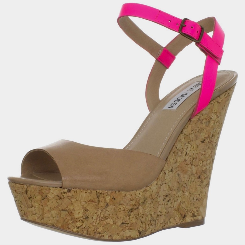 Steve Madden “Whatif” Cork and Hot Pink Wedge Pump